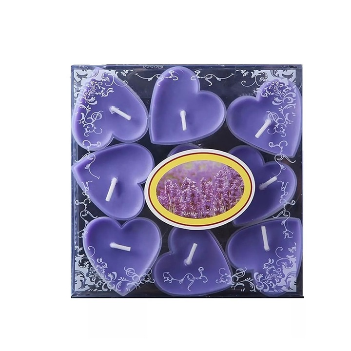Set 9 Lumanari in Forma de Inima, OEM, pentru Ziua Indragostitilor, Aroma de Lavanda, Ardere 3.5 h, din Parafina, 4 x 2 cm, Mov