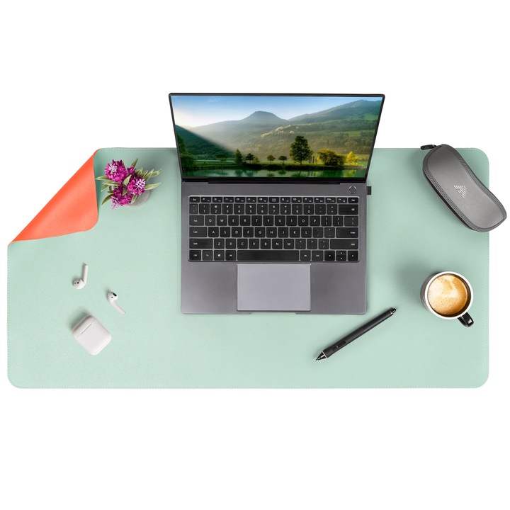 Mousepad mare XXL, APO®, pentru Office, Gaming, Protectie birou, din Piele pu, Ergonomic, Impermeabil, Margine cusuta, cu doua fete, Verde menta/Portocaliu, 90x45cm