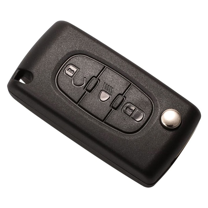 Teljes autókulcs, zsebkés típusú, 3 gombbal, kompatibilis Citroen és Peugeot járművekkel, tartalmaz 433 MHz-es távirányítót és ID46 chipet, CE0536 kóddal