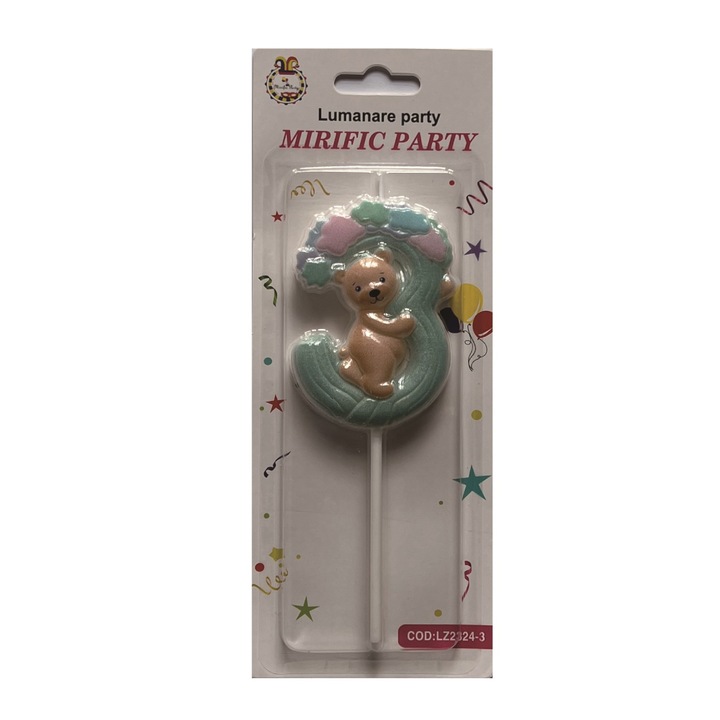 Lumanare tort, albastru, 15 cm, ursulet, cifra 3