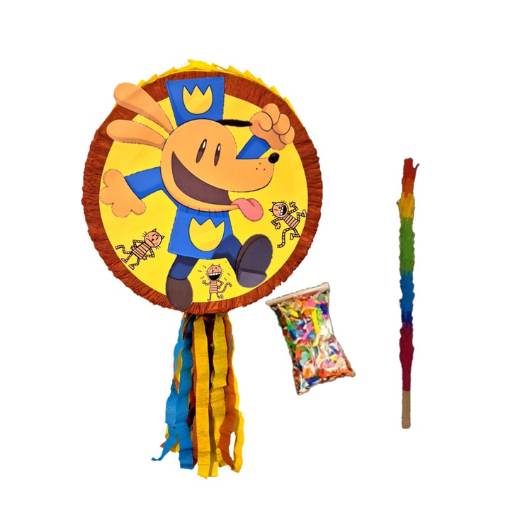 Pinata Dog Man cu bat si confetti, Pinastar, orificiu mare pentru umplere, rezistenta