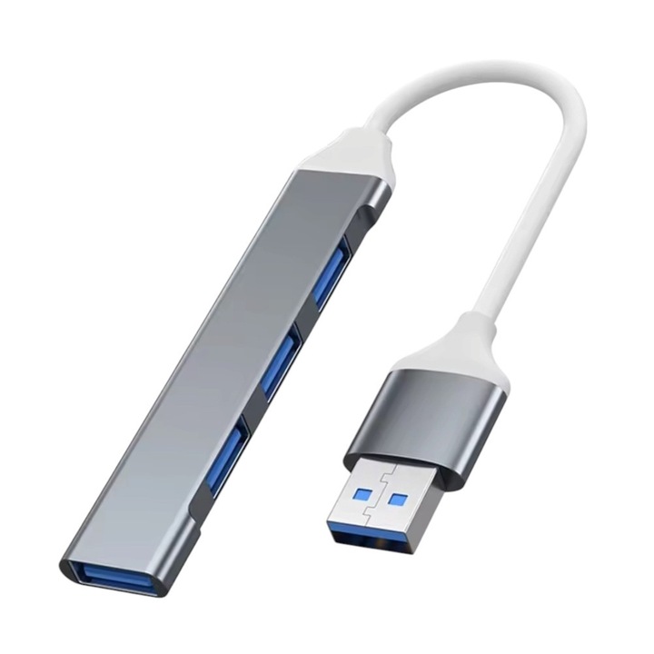 USB хъб 4 USB 3.1 порта, алуминиев корпус, сив цвят, съвместим с windows и IOS, тънък дизайн