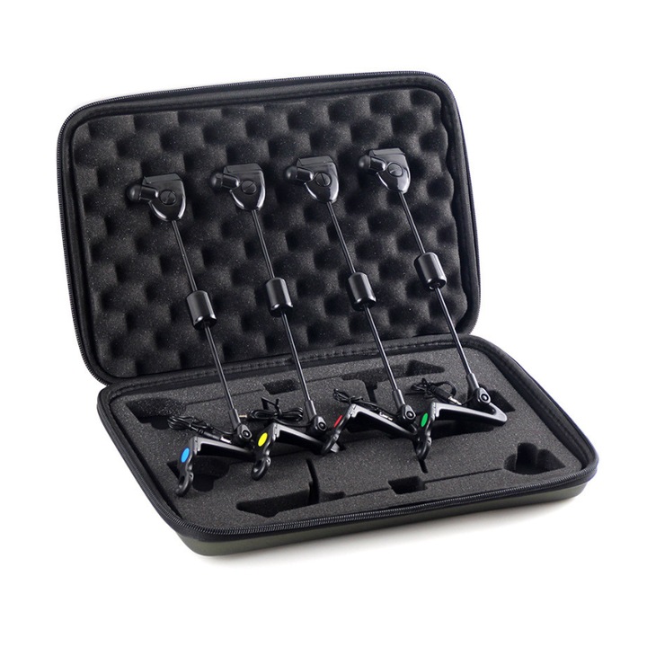 Set 4 swingere FishEdge Dark Gray, cu penar pentru transport, greutate reglabila, iluminare led in culori diferite, mufa jack