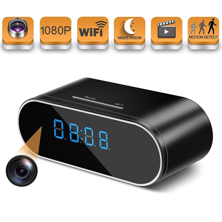 Ébresztőórába rejtett WI-FI kémkamera, N2L Store®, audio-videó rögzítés, 160°-os betekintési szög, infravörös, 1080P, mozgásaktiválás, fekete
