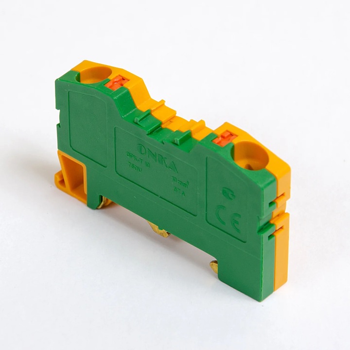 Clema de legatura PE, Onka, 10mm2, verde-galben, montare pe sina DIN