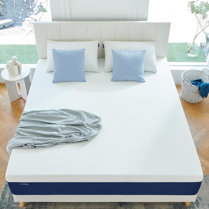 Molblly ágymatrac, nagy sűrűségű memóriahab, puha anyag, Molblly, légáteresztő, 90 x 200 cm, 18 cm vastag, fehér és kék