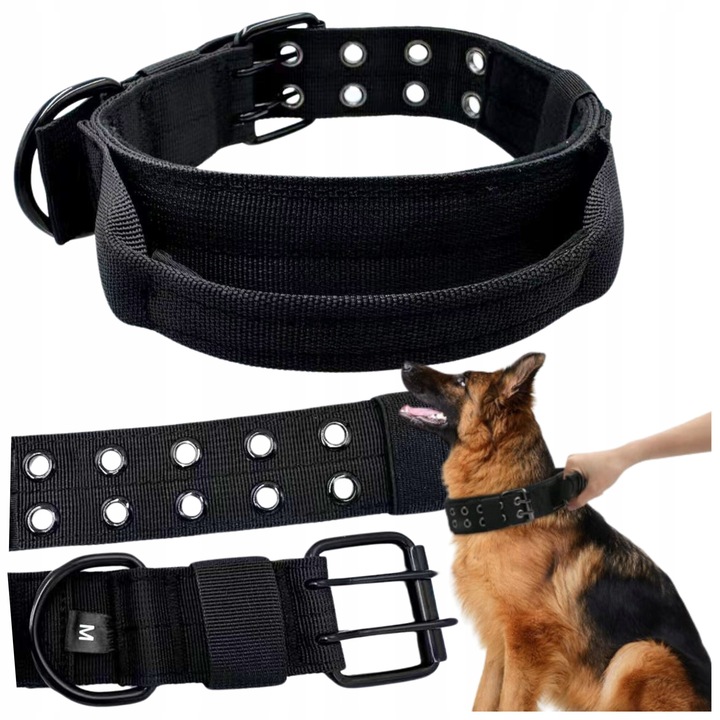 Каишка за кучета, Wobell, регулируема, черна, XL (54-64 см), ширина 4 см, висококачествен полипропилен, с дръжки и метално затваряне, за средни и големи кучета