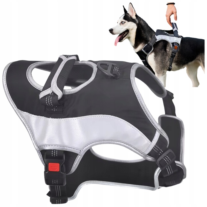 Wobell állítható hám kutyáknak, Fekete, L (63-78 cm), Fényvisszaverő, Négy ponton állítható, Felső fogantyúval