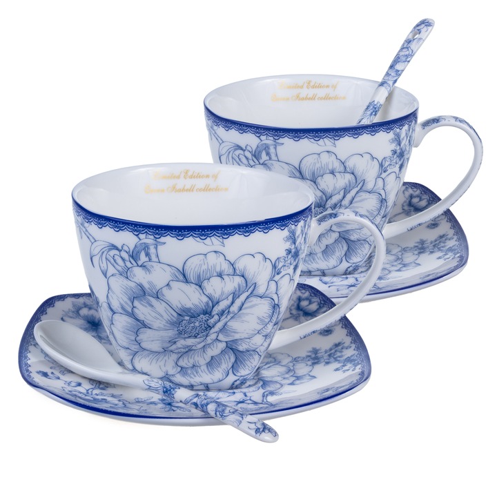 Комплект 2 чаши с чинийки и лъжички Queen Isabell Blue Roses, 250 мл, бяло-синьо