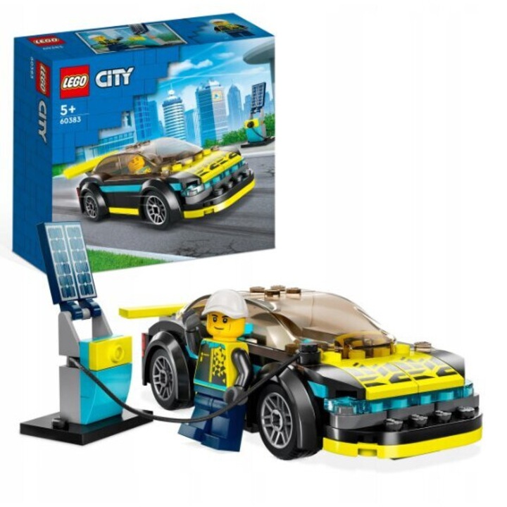 Комплект за построяване на електрическа спортна кола LEGO City 60383, 95 части, Жълт, 12x5x4 см