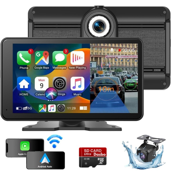 Navigatie Auto Multimedia Universarala Dasbo®, Display 7 inch cu Touch screen, Camera Inregistrare fata 2k + spate 1080P inclusa, wireless Apple Carplay si Android Auto, Bluetooth, Radio FM, Asistenta Vocala, AUX,, Suport Reglabil, Card Micro-SD 32 GB