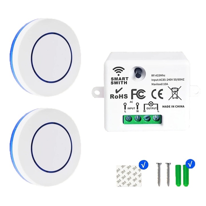 Vezeték nélküli kapcsoló, Általános, 433MHz, 2 kapcsoló + 1 vevő, 10A, 86x86x13mm