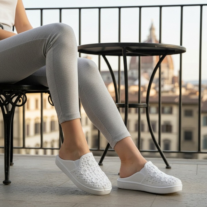 Papuci casual dama, cu model floral, A67, alb, 39