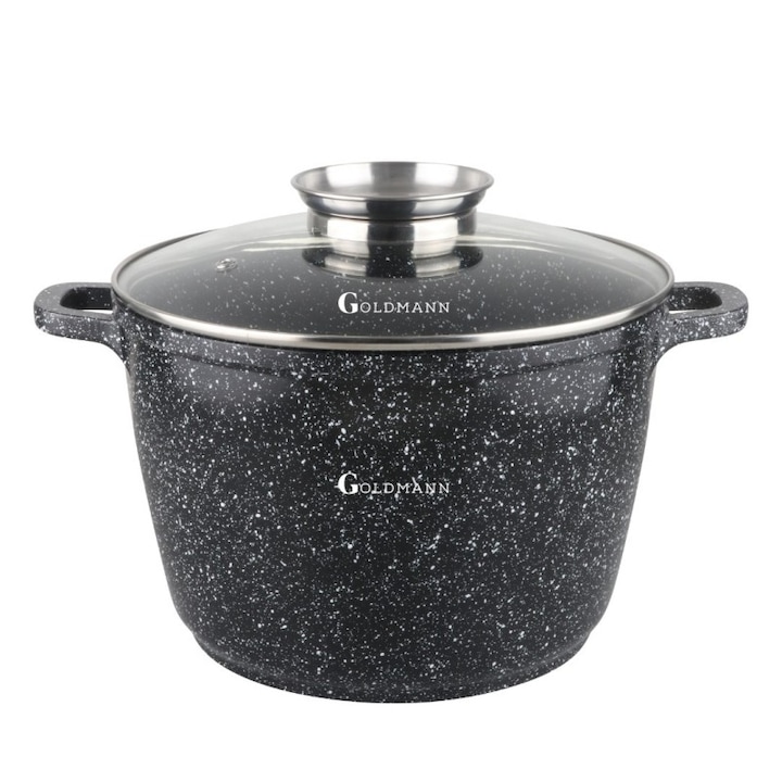 Oala aluminiu turnat Goldmann, 20x16 cm, 4 litri, acoperire ceramica, fara PFOA, marmorat, capac termorezistent