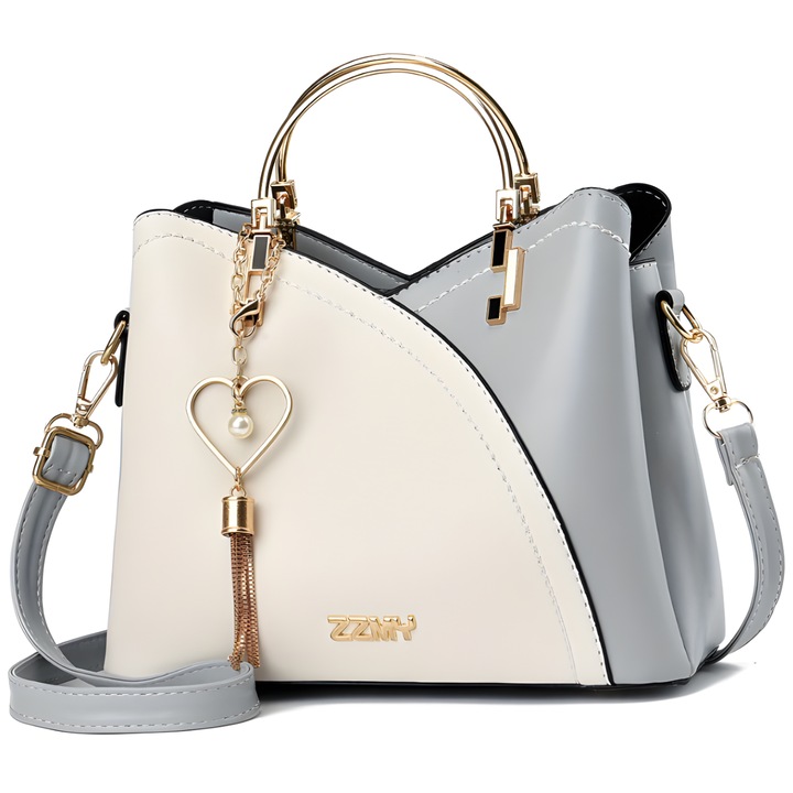 Елегантна дамска чанта, пълно изобилие, универсален дизайн, множество отделения, метални дръжки, цип и магнит, тъмносиньо бяло