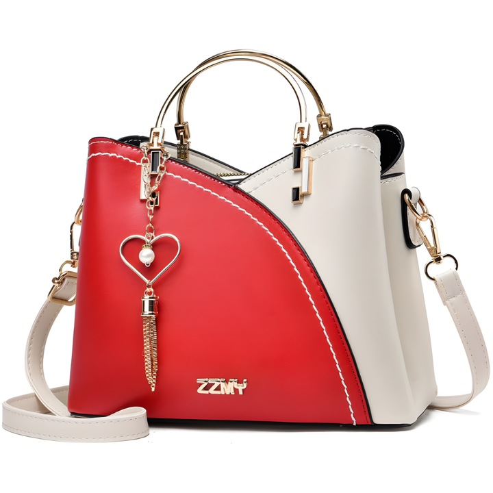 Елегантна дамска чанта, пълно изобилие, универсален дизайн, множество отделения, метални дръжки, цип и магнит, червено бяло