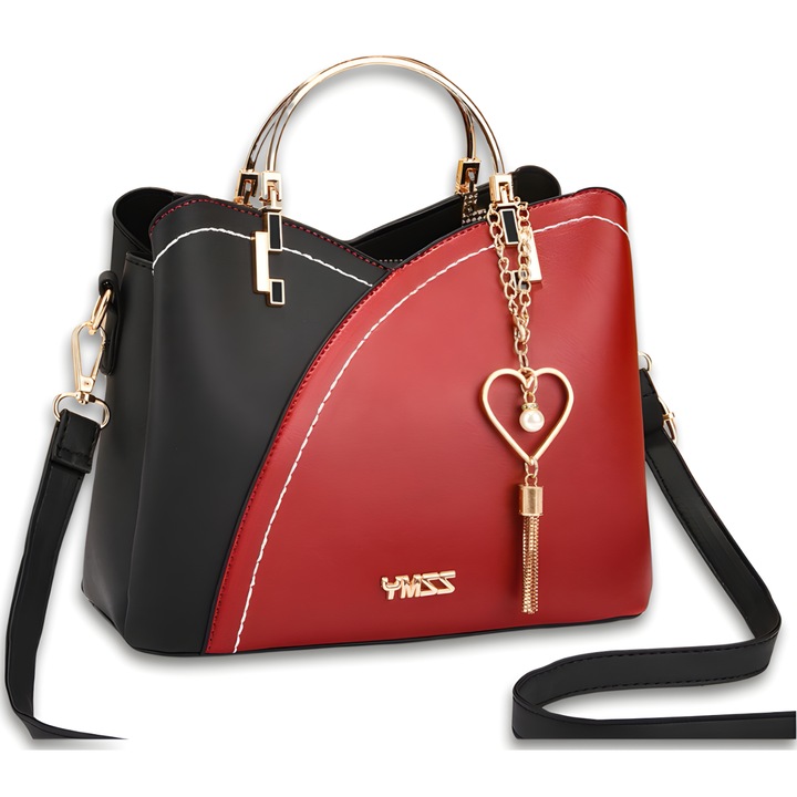Елегантна дамска чанта, пълно изобилие, универсален дизайн, множество отделения, метални дръжки, цип и магнит, червено черно