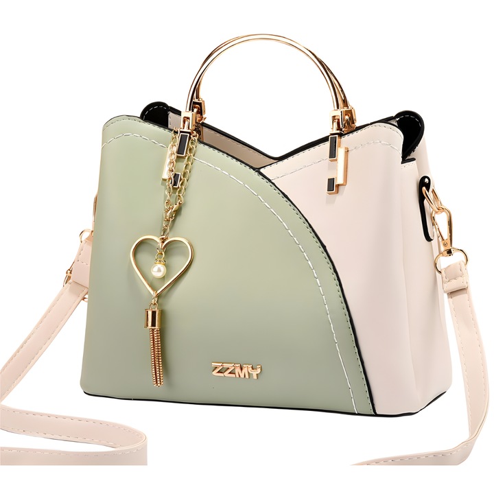 Дамска чанта, Full Abundance, универсален дизайн, множество отделения, метални дръжки, цип и магнит, зелено бяло