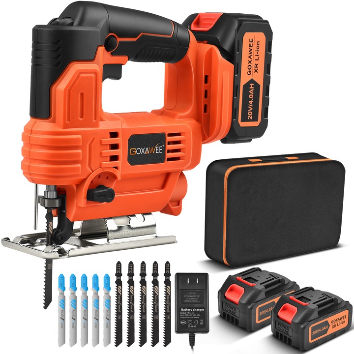 Ferastrau pendular pe acumulator, Goxawee, G5367B, 750W, 20V, 2900RPM, pana la 45° taiere conica, adancime taiere in lemn/otel 120/10 mm, 2 acumulator de 4 Ah, portocaliu/negru