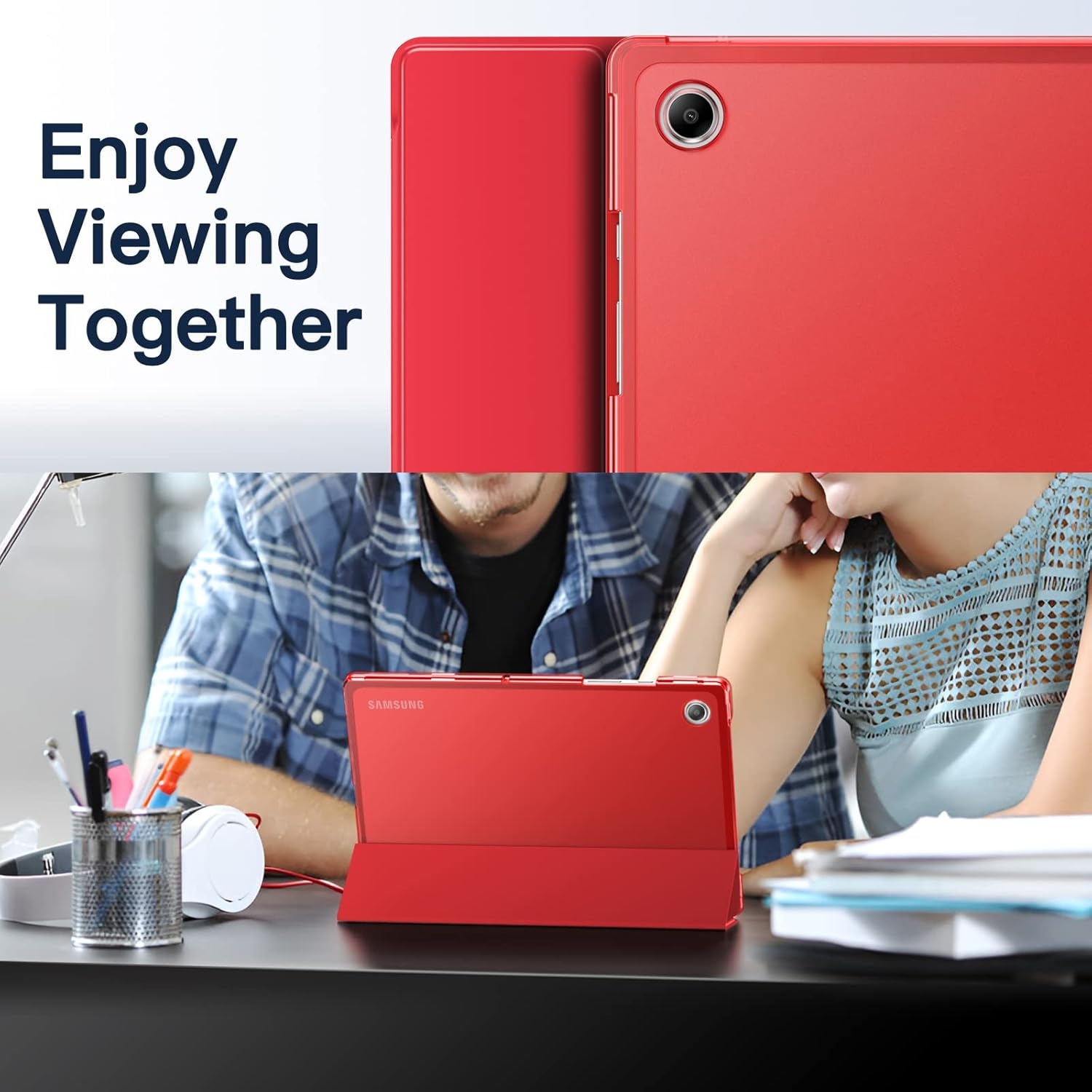 Husa Samsung Galaxy Tab A8 10.5 inch 2021 (SM-X200/X205/X207), subtire, translucida, cu suport pliabil, pentru trezire/somn automat (Rosu)