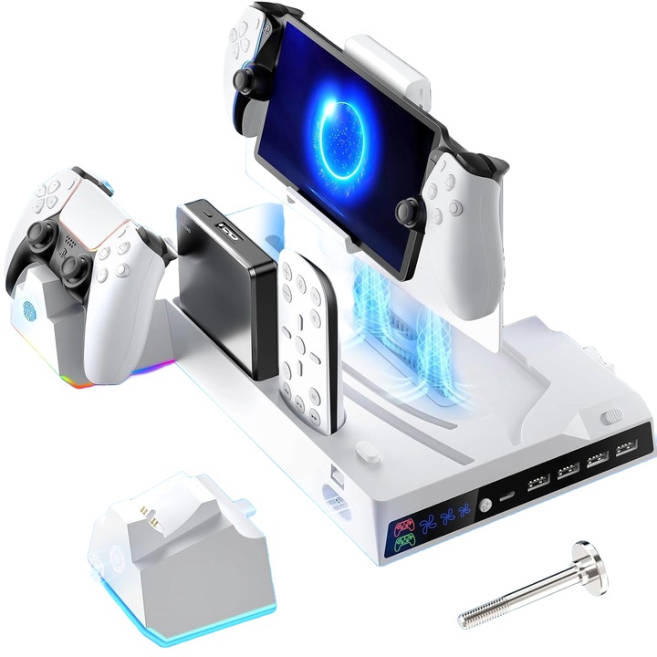Állvány és hűtőállomás PlayStation 5-höz, PS5/PS5 Slim Hub, levehető kontroller töltő dokkolóval, RGB LED lámpákkal, 4 USB porttal, játéknyílásokkal, többfunkciós