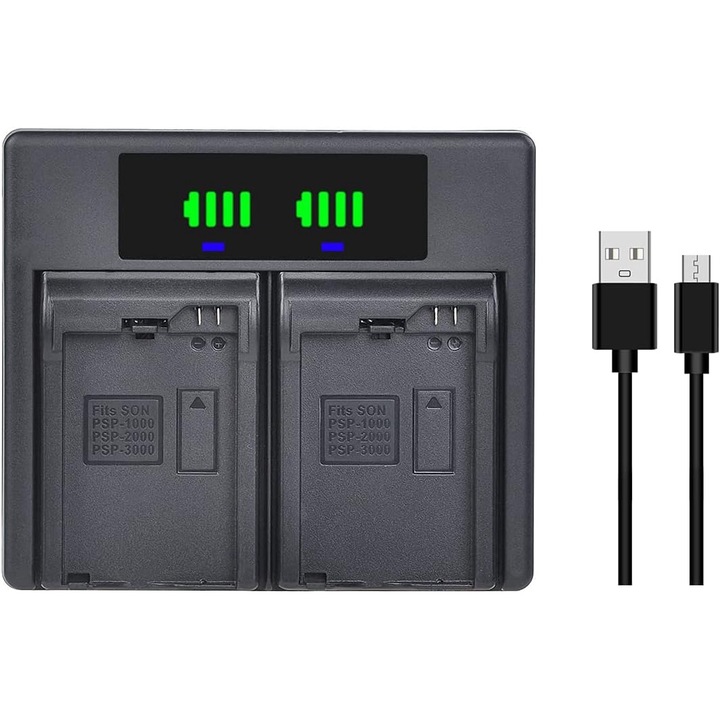 Комплект от 2 батерии 2400 mAh с двойно зарядно устройство, замества PSP-S110, съвместими с Sony PSP 2000 (2001, 2002, 2003, 2004, 2005, 2006, 2007, 2008, 2010), PSP 3000 (3001, 3002, 3003, 3004, 3005, 3006, 3007, 3008, 3010), PSP Lite, PSP Slim