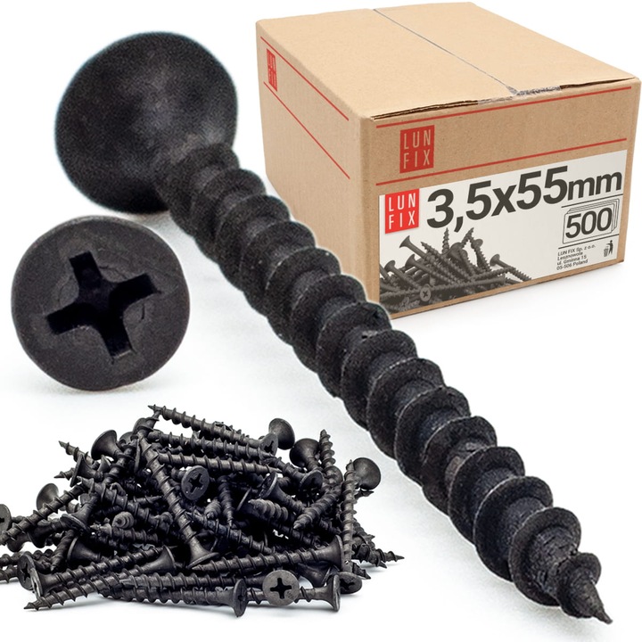 Suruburi pentru placi gips-carton Lun Fix, 3,5x55mm, set 500 bucati, rezistente la coroziune, pentru montaj in lemn