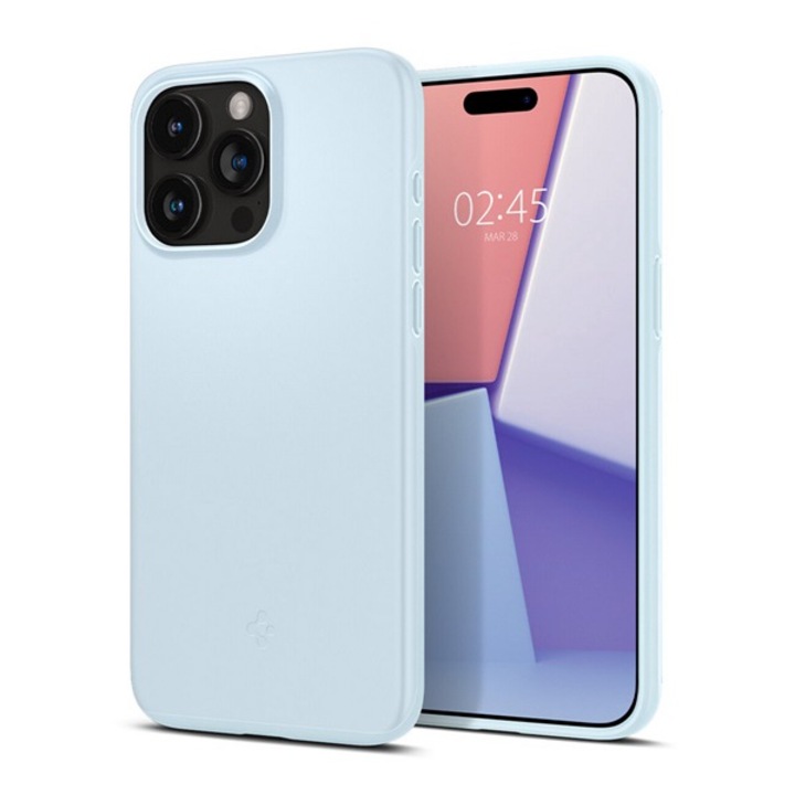 Spigen тънък пластмасов калъф за мобилен телефон, матов, ултра тънък, защита на камерата, светло син, съвместим с: Apple iPhone 15 Pro Max