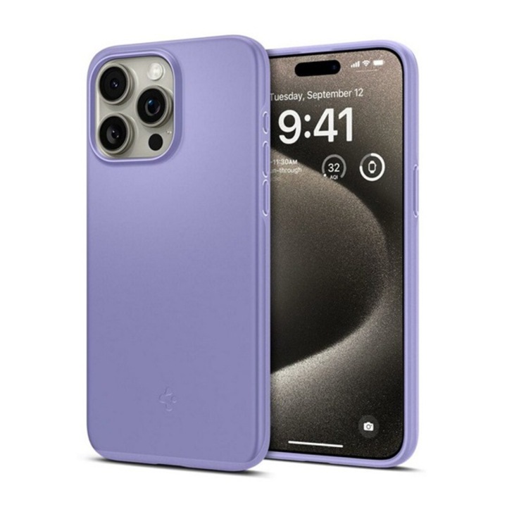 Spigen тънък пластмасов калъф за мобилен телефон, матов, ултра тънък, защита на камерата, лилав, съвместим с: Apple iPhone 15 Pro Max