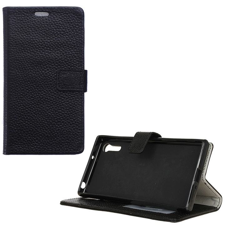 Gigapack mobiltelefon tok álló, valódi bőr, flip, oldalra nyíló, asztali tartó, fekete, kompatibilis: Sony Xperia XZ, F8331