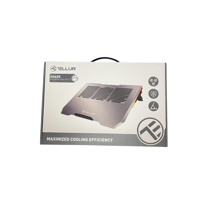 Cooler laptop Tellur Shade, 17.3", 3 ventilatoare, RGB LED, USB, USB-C, aluminiu Gri