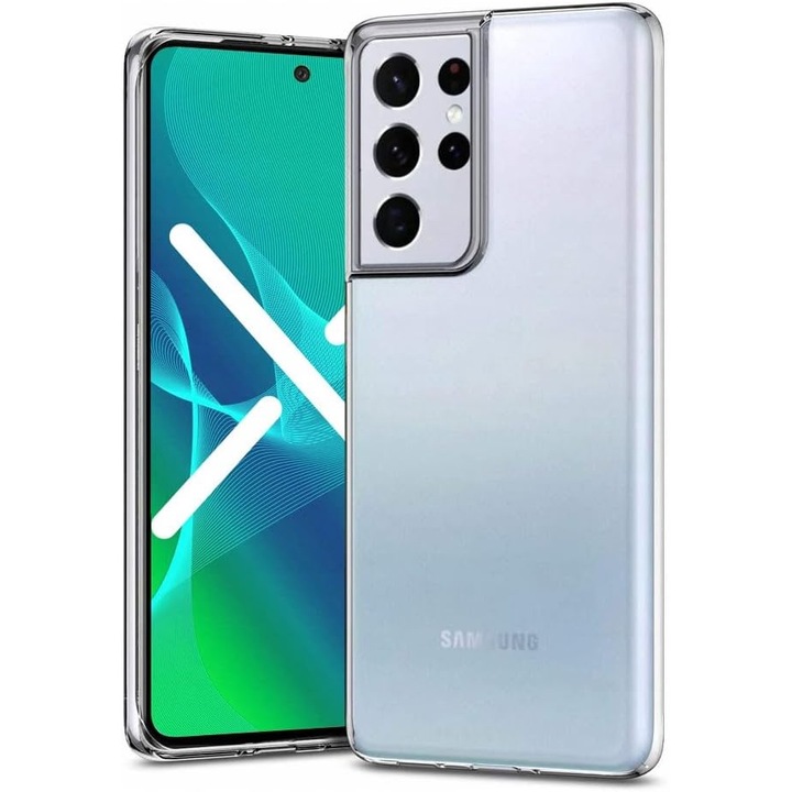 Кейс съвместим с Samsung Galaxy S21 Ultra, ултра тънък, мек TPU удароустойчива защита - Прозрачен
