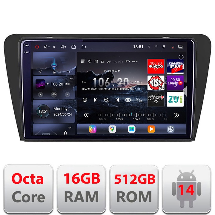 Navigatie Skoda Octavia 3 2013-2020 Edotec Kit-279 8 core QLED 2K 12+256GB 360 Android Waze USB Navigatie Internet Youtube Radio