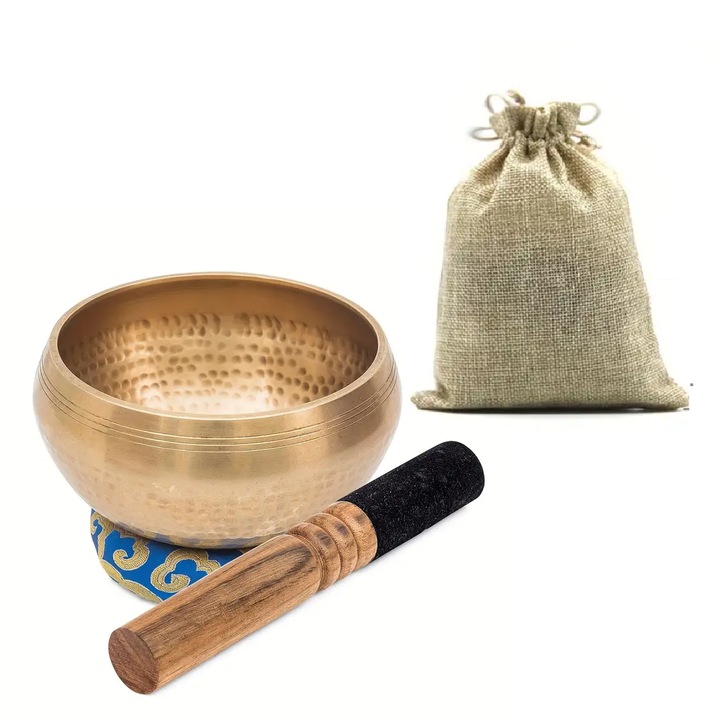 Set Bol tibetan cantator prelucrat manual, VeliumCraft, originar Himalaya, percutor 2 capete, din lemn si piele, perna cusuta manual, pentru purificare spirituala si meditatie, albastru