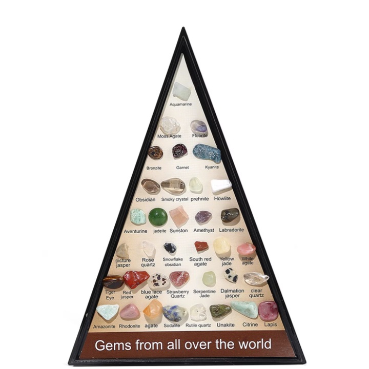 36 kristályból és gyűjthető kőből álló készlet, VeliumCraft, 15x10 cm, natúr anyag, 100% egyedi minta, lakberendezéshez, fekete sampa tok