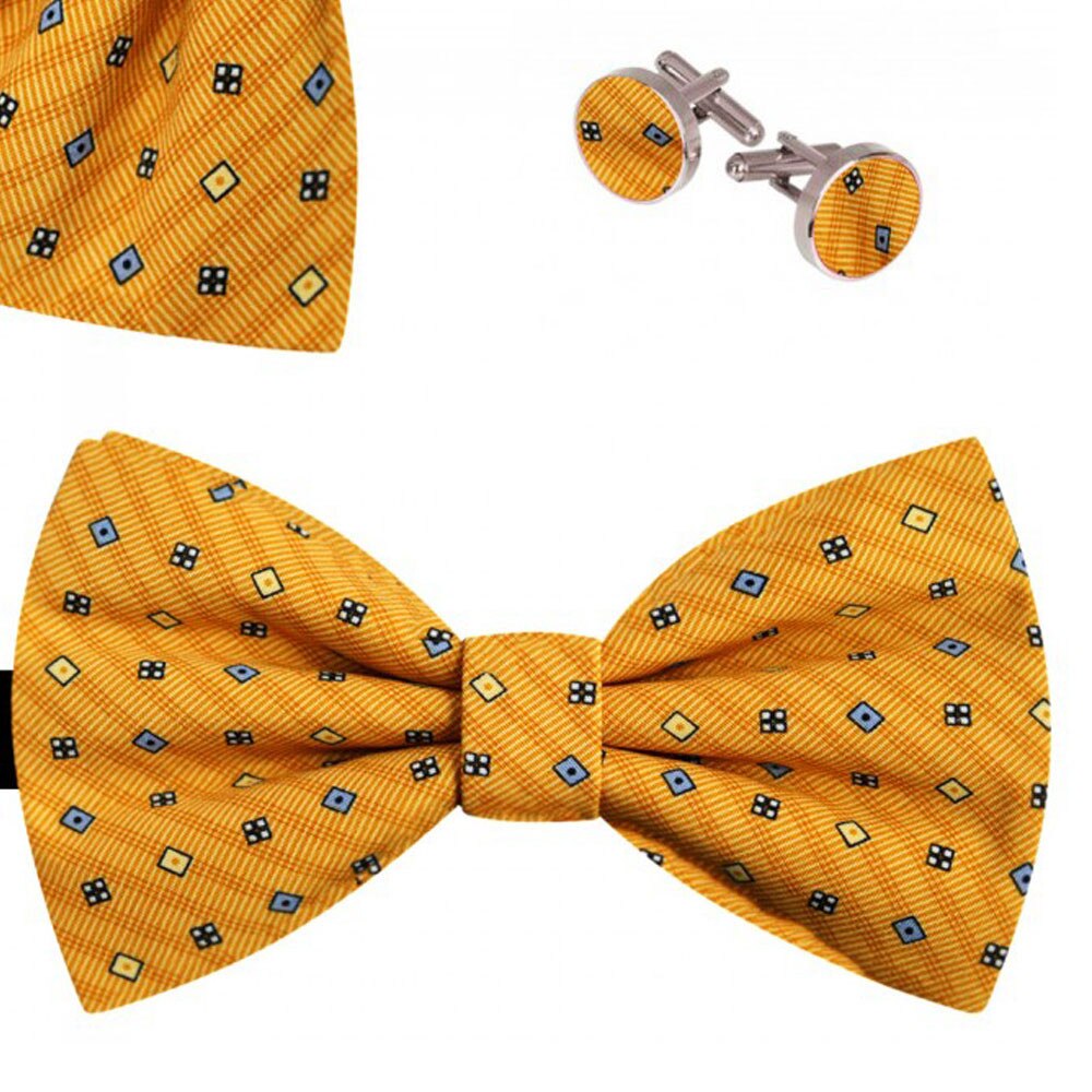 Set papion barbati, batista, butoni, galben, model romburi bleu