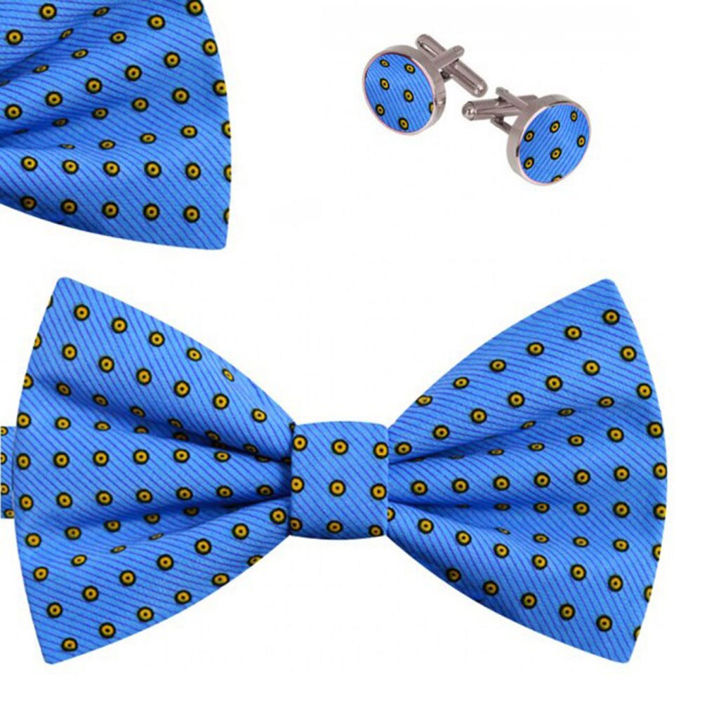 Set papion barbati, batista, butoni, albastru safir, model buline galbene