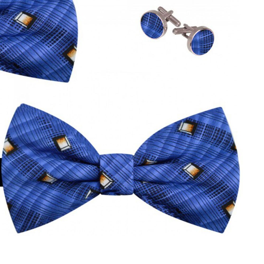 Set papion barbati, batista, butoni, albastru safir, model cuburi