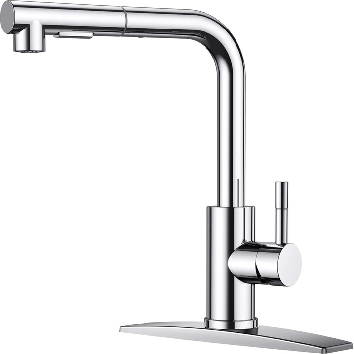 Кухненски смесител Elindor® с прибиращ се душ, регулируема струя, единична дръжка, модерен дизайн, неръждаема стомана, първокласно покритие, 45 см издърпващ се душ, сребрист