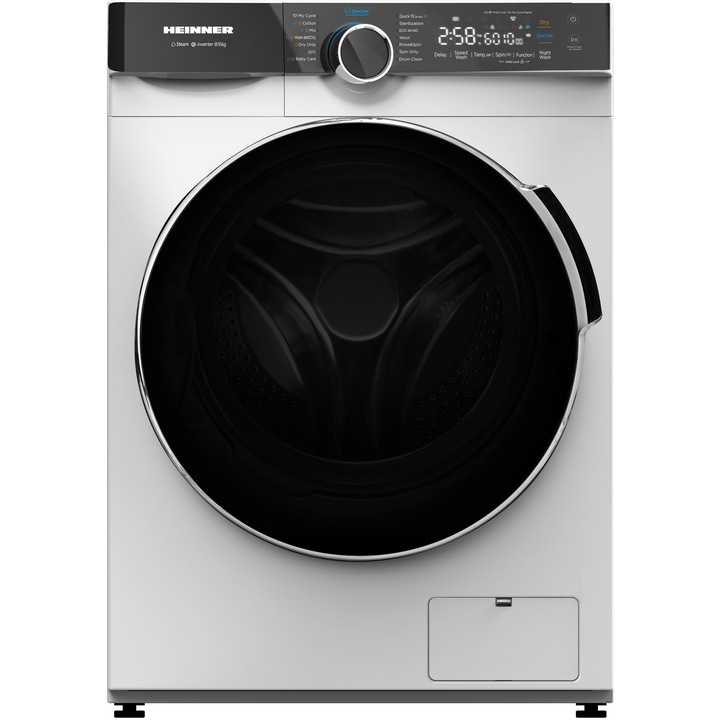 Masina de spalat rufe slim cu uscator Heinner HWDM-M814IVKA, Spalare 8 kg, Uscare 6 kg, 1400 rpm, Clasa A, Motor Inverter, Display LED, Control Touch, Alb