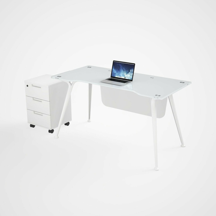 Masa birou cu blat din sticla si dulap lateral mobil, design modern si elegant, calitate premium, dimensiuni 1400*700*750