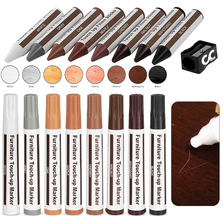 Kit Reparatii Suprafete din Lemn, CCmax, set 8 Markere, 8 Creioane Cerate si Ascutitoare