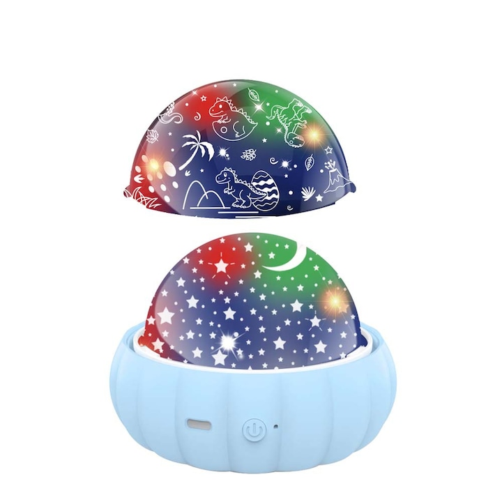 Lumina de noapte pentru copii, proiector cu cer instelat, stele, luna + dinozauri, port USB, atmosfera romantica, albastru