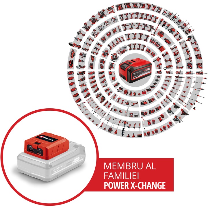 Adaptor pentru acumulator USB Einhell TC-CP 18 Li USB A/C-Solo Power X-Change, 18 V, 1x conexiune USB-A, 1x conexiune USB-C, fara acumulator si incarcator