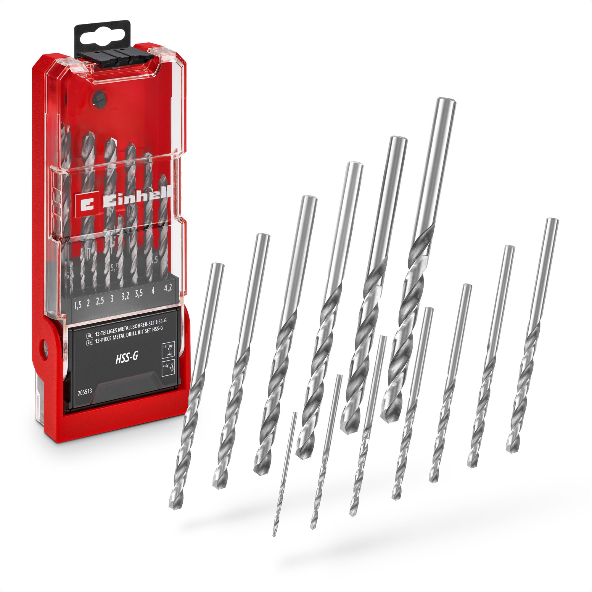 Set de 13 burghie metal HSS-G Einhell, otel HSS 4241, varf cu varf despicat la 135°, spirala frezata tip N, inclus cutie de depozitare