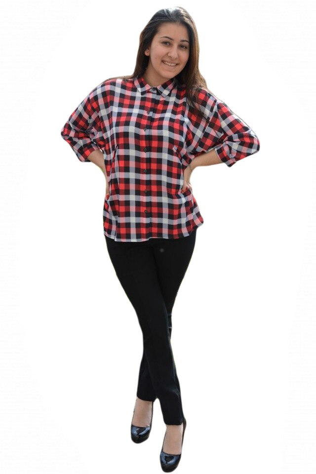 Camasa oversize cu carouri mici, D&J Exclusive, Rosu/Alb