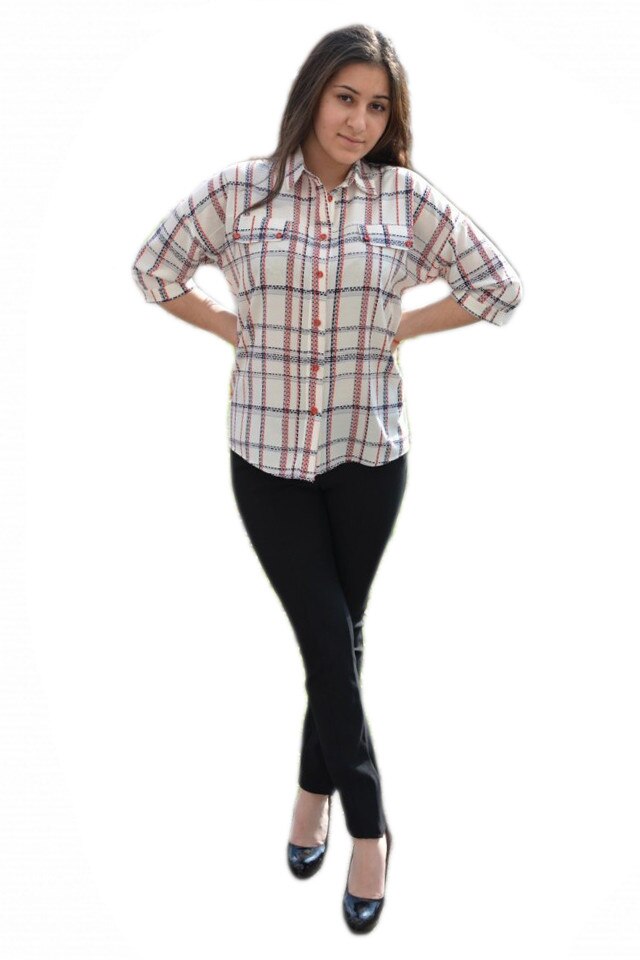 Camasa oversize cu imprimeu de dungi ,D&J Exclusive, Alb/Rosu