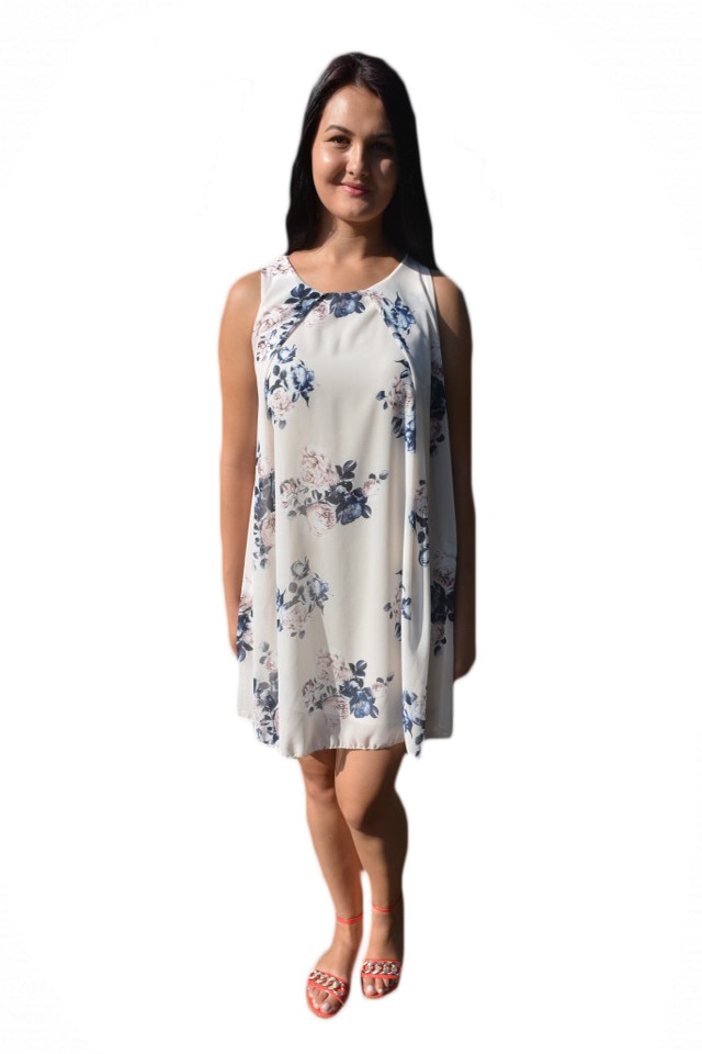 Rochie din material vaporos, D&J Exclusive, Bej/Bleumarin