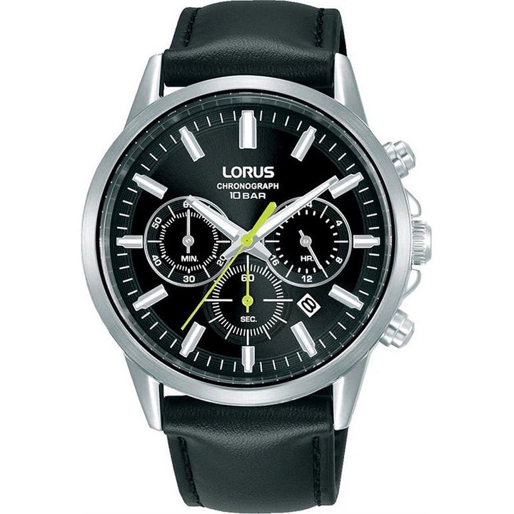 Часовник Lorus Classic Chronograph, черен, кожена каишка, водоустойчив 100м, 10 АТМ