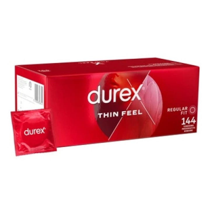 Презервативи Durex Thin Feel, комплект от 144 бр., прозрачни, силиконови, с лубрикант, 52 мм